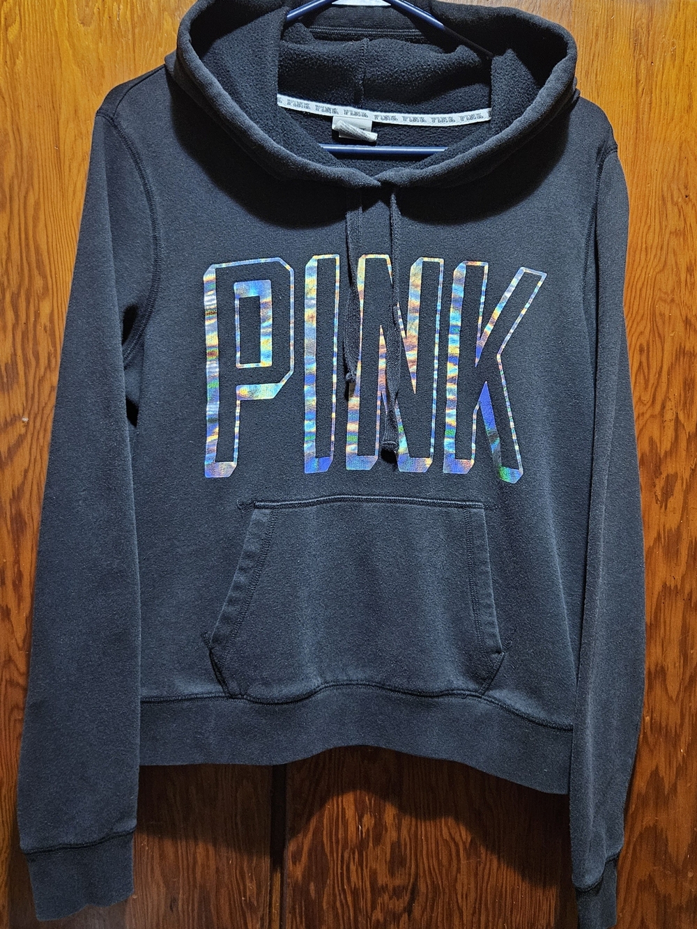 VS PINK Black Pullover Hoodie Size L Holographic Foil Logo Graphic Lounge Fleece